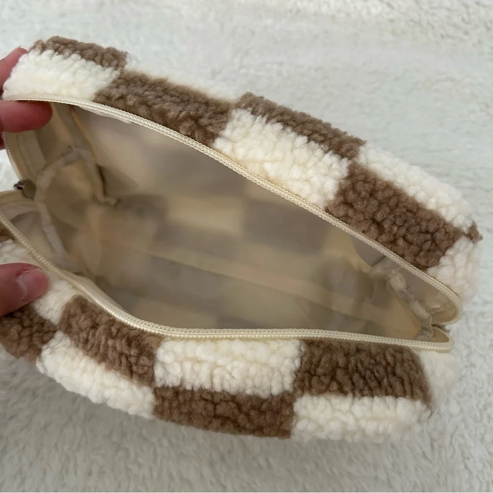 Ulta Sherpa Checkered Cosmetic Bag Brown NEW